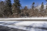 snow covered field and road, with trees on both sides, under blue sky and clouds