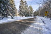 the sign reads turn right at the end of an empty road during wintertime in the canadian forest