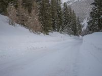 a person with skis stands on a snowy road in the snow at the bottom of a hill