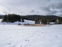 snow on the ground and mountains are visible in the background, while a cross - country skier is hiking through snow