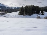 snow on the ground and mountains are visible in the background, while a cross - country skier is hiking through snow