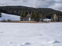 snow on the ground and mountains are visible in the background, while a cross - country skier is hiking through snow