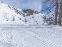 a person wearing skis on a snowy slope near a tree and mountain side road