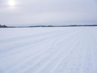 skiers on a snowy field with long snow - covered tracks running behind them in winter