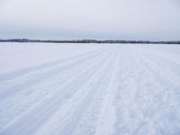 skiers on a snowy field with long snow - covered tracks running behind them in winter
