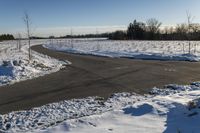 a snowy field with a paved street in the foreground and bare trees in the distance