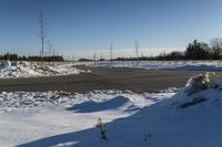 a snowy field with a paved street in the foreground and bare trees in the distance