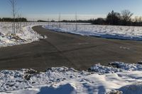 a snowy field with a paved street in the foreground and bare trees in the distance