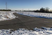 a snowy field with a paved street in the foreground and bare trees in the distance