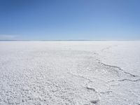 a blue sky above a vast snowy landscape with footprints on the snow floor of a salt flat area