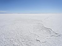 a blue sky above a vast snowy landscape with footprints on the snow floor of a salt flat area