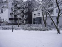 an old snow covered city block with trees in front of it and a large building behind it