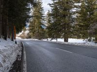 a tree lined road that is next to a road covered with snow and ice on the ground