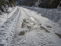 this is a snow road with some tire prints in the snow of the country side