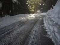 the trees are along the side of this snow - covered road as it is cleared
