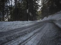 the trees are along the side of this snow - covered road as it is cleared