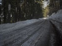 the trees are along the side of this snow - covered road as it is cleared