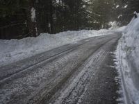 the trees are along the side of this snow - covered road as it is cleared
