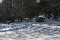 a snow covered road in winter with tracks in it and trees on the side of the road