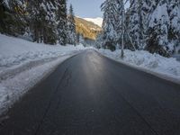 a paved street lined with snow between tall pine trees in the background of mountains and sky