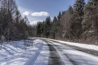 a road is lined with snow near tall trees and snow on the ground and trees are all around