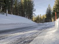 a road is covered in snow near a pine tree filled hill with trees and some snow