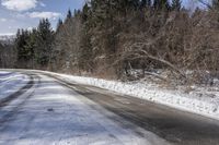 a snow covered road next to a row of trees and the side of the road is empty