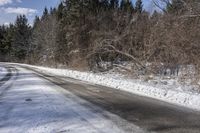 a snow covered road next to a row of trees and the side of the road is empty