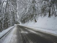 Winter Road Through Forest and Mountains