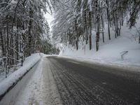 Winter Road Through Forest and Mountains