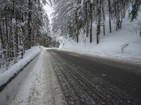 Winter Road Through Forest and Mountains
