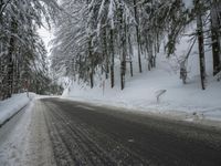 Winter Road Through Forest and Mountains