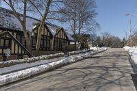 a road with several houses and no vehicles in the middle of it with some snow on the ground