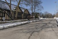 a road with several houses and no vehicles in the middle of it with some snow on the ground