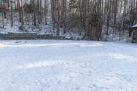 a snow covered yard next to the woods with a bench in it and a building in the background