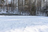 a snow covered yard next to the woods with a bench in it and a building in the background