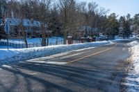 the street is empty in winter time and is full of snow and shrubs on both sides