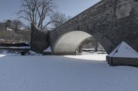 a person walking through snow past an arched bridge over water and buildings on a snowy day