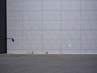a woman is riding a skateboard on an empty parking lot next to the wall