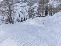 a woman riding skis down the side of a snow covered mountain road at high speed