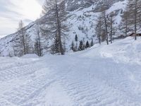a woman riding skis down the side of a snow covered mountain road at high speed