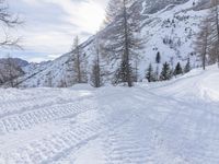 a woman riding skis down the side of a snow covered mountain road at high speed