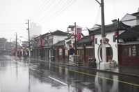 a woman walks through an alley in the rain holding an umbrella on a rainy day