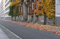 a woman is walking down the street, with leaves all over her body, in front of an old building