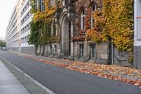 a woman is walking down the street, with leaves all over her body, in front of an old building