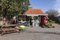 the wooden benches are sitting at the stand with the plants outside of the store in the sunshine