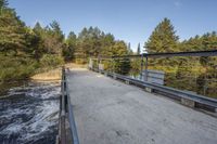 a wooden bridge spans across the forest from a water fall spill, along with a dam