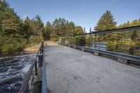 a wooden bridge spans across the forest from a water fall spill, along with a dam