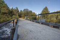 a wooden bridge spans across the forest from a water fall spill, along with a dam