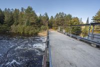 a wooden bridge spans across the forest from a water fall spill, along with a dam